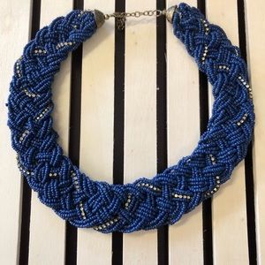 Vintage Royal Blue and Silver multi-strand braided and beaded necklace.